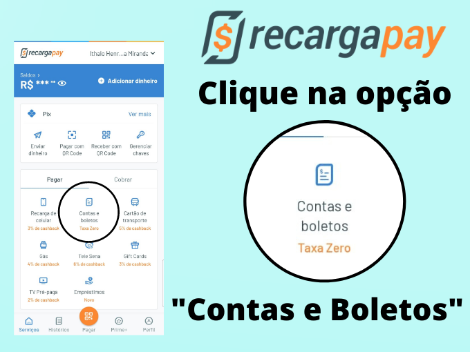 No aplicativo RecargaPay, selecione a opção contas e boletos